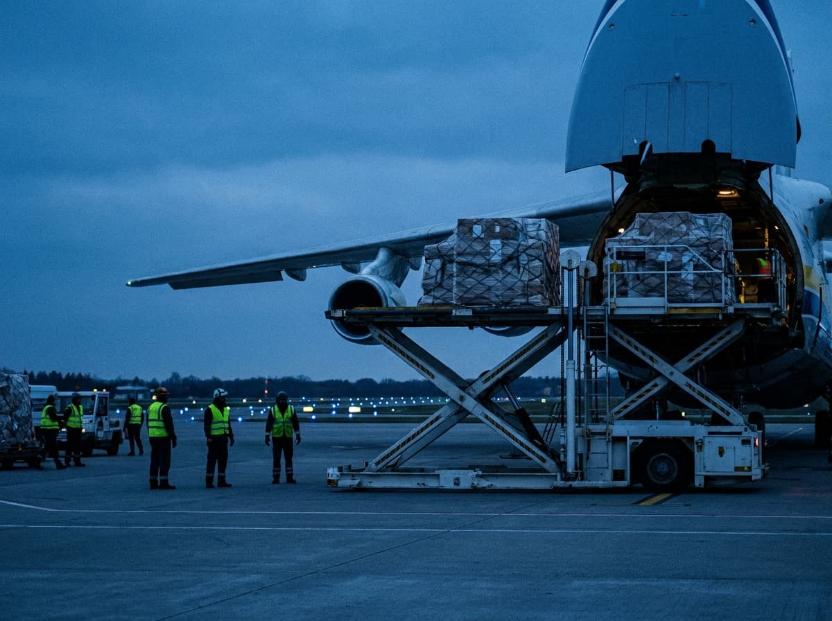 Aeroportda yük təyyarəsinin yüklənməsi